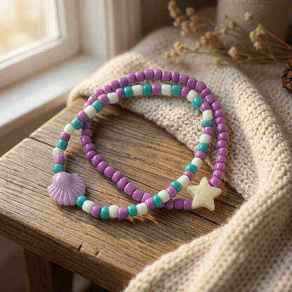 Beaded Bracelet Set, Purple Teal & White Stretch Bracelet with Star & Shell Charms - Friendship & Confidence Symbol Jewelry