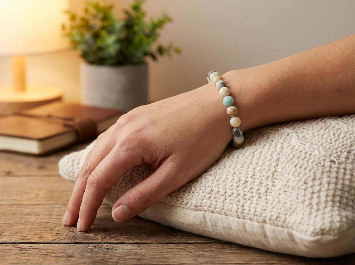 Hand wearing a beaded bracelet on a wooden surface with a blurred background