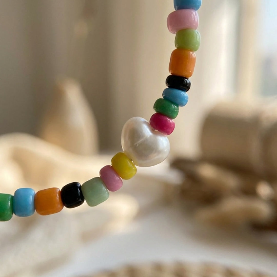 Colorful Boho Beaded Bracelet – Rainbow Beads with White Centerpiece, Handmade Elastic Casual Jewelry