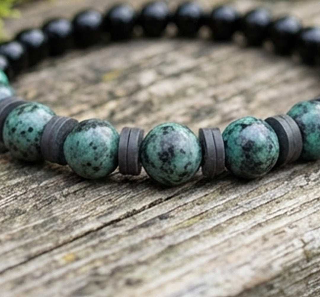 Handmade Boho Bracelet - Greenish-Gray Speckled K2-Style Beads with Dark Spacer Accents & Gray Heishi