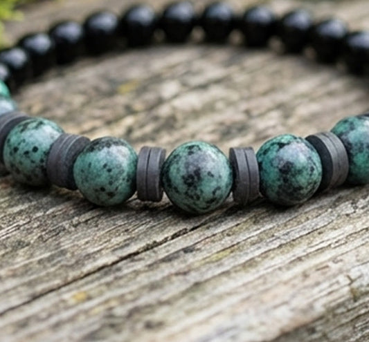 Handmade Boho Bracelet - Greenish-Gray Speckled K2-Style Beads with Dark Spacer Accents & Gray Heishi