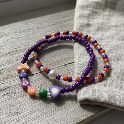 LOVE Beaded Bracelet Set with Butterfly Charm, Purple Orange Kawaii Heart Jewelry Cute Friendship Bracelet