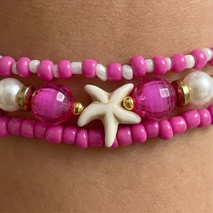 Handmade Hot Pink White Beaded Bracelet Set, Starfish Charm, Boho Ocean Jewelry