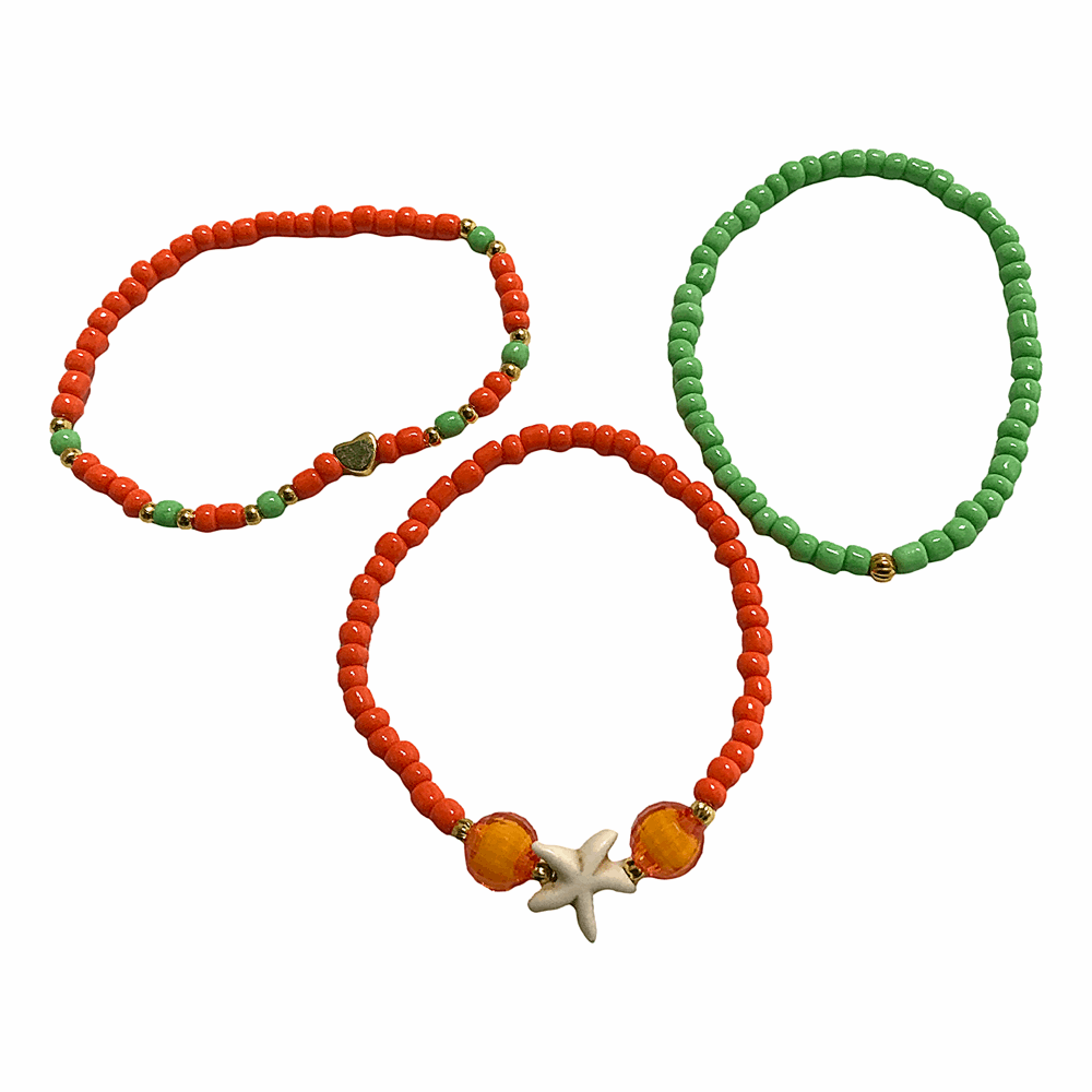 Handmade Orange Green Beaded Bracelet Set, Starfish & Heart Charms, Boho Ocean Jewelry