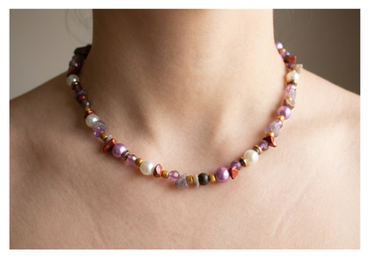 Handcrafted Rustic Mixed Bead Necklace with Natural Stones, Metal-Plated Clasp w/ Extension Chain