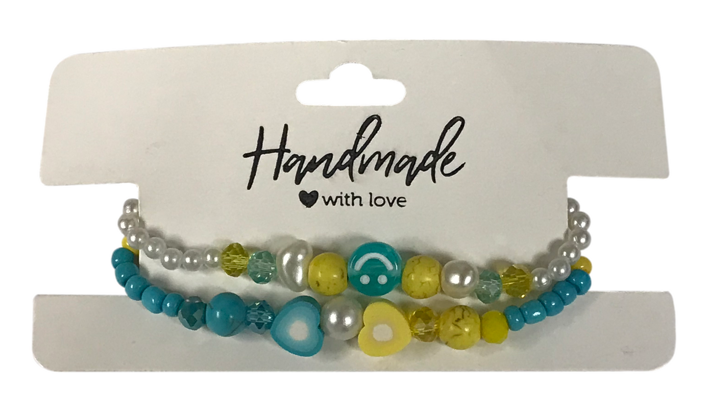 Blue Yellow Beaded Bracelet Set, Smiley Face Heart Bracelet, Colorful Friendship Jewelry, Faux Pearls Stackable Summer Gift