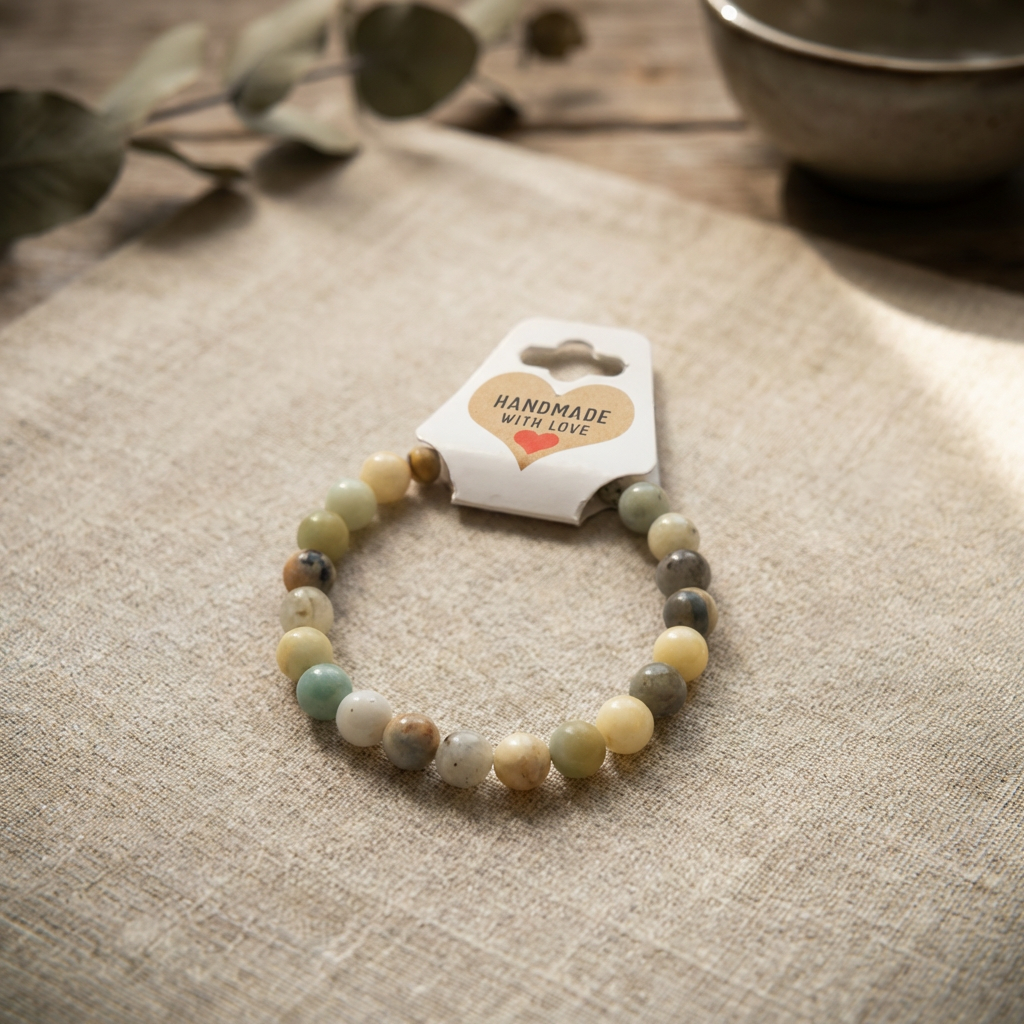 Beaded bracelet on a textured surface with a 'Handmade with Love' tag