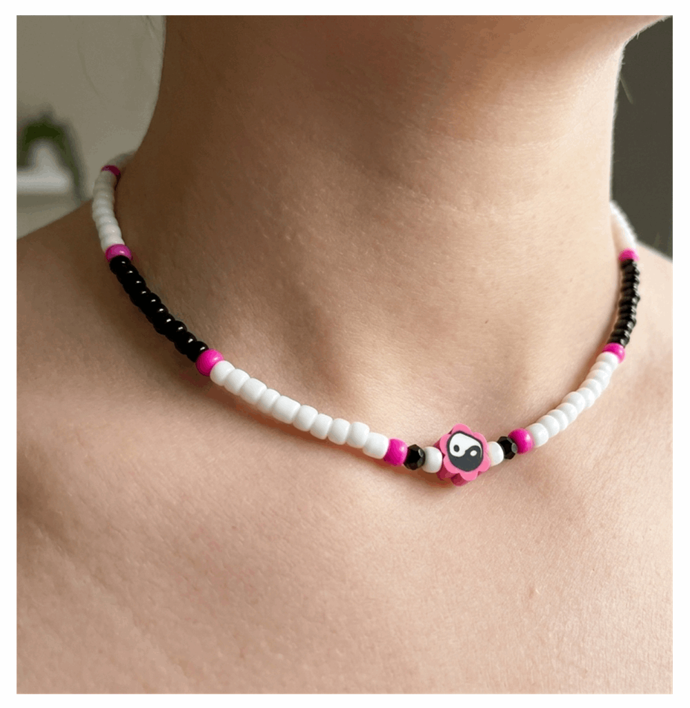 Handcrafted Petal Duality Beaded Necklace, Metal-Plated Clasp w/ Extension Chain