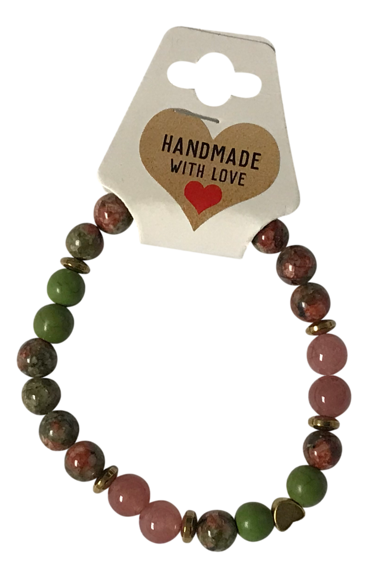 Multicolored beaded bracelet on a white background with a 'Handmade with Love' card.