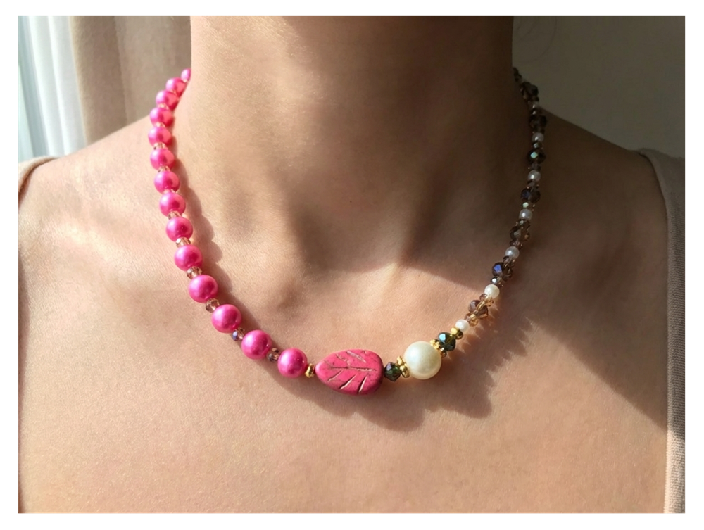 Handcrafted Pink Pearl-like Necklace with Faceted Crystal-style Beads, Metal-Plated Clasp w/ Extension Chain