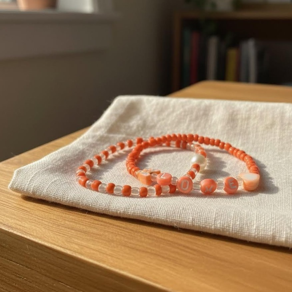 LOVE Letter Beaded Bracelet Set with Butterfly Charm, Orange Aesthetic Friendship Jewelry Gift for Her
