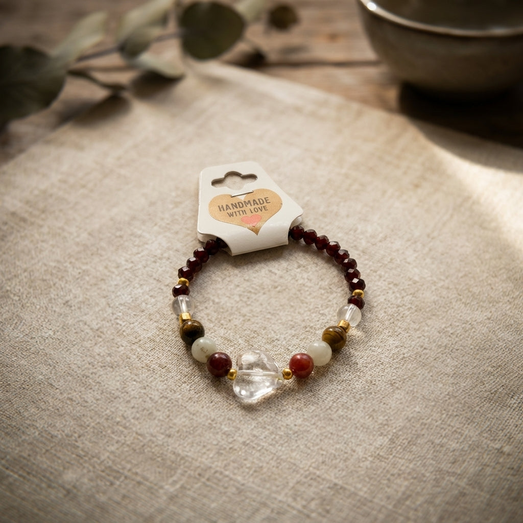 Handmade Garnet Beaded Bracelet with Clear Crystal Style Heart Charm – Tiger Eye & Jade Natural Gemstone, Healing Jewelry Gift