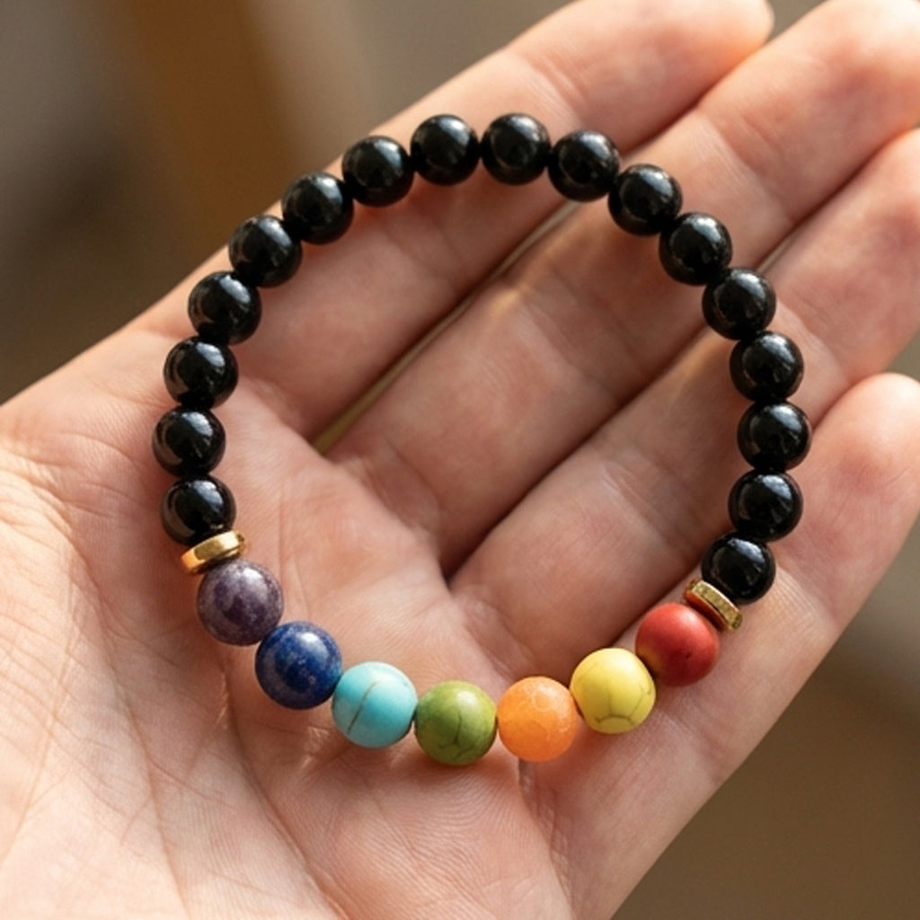 Black Onyx and Gemstone Chakra Handmade Bracelet Natural Stone Beaded Crystal Jewelry with Gold Accents