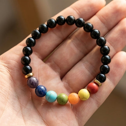 Black Onyx and Gemstone Chakra Handmade Bracelet Natural Stone Beaded Crystal Jewelry with Gold Accents