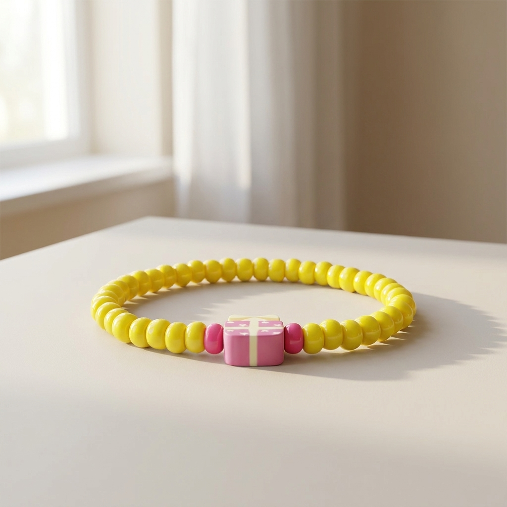 Yellow beaded bracelet with a pink and white heart charm on a light surface.