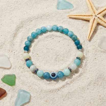 Handmade Amazonite Natural Gemstone Beaded Bracelet Crystal Blue and White Stone Boho Style Stacking Jewelry