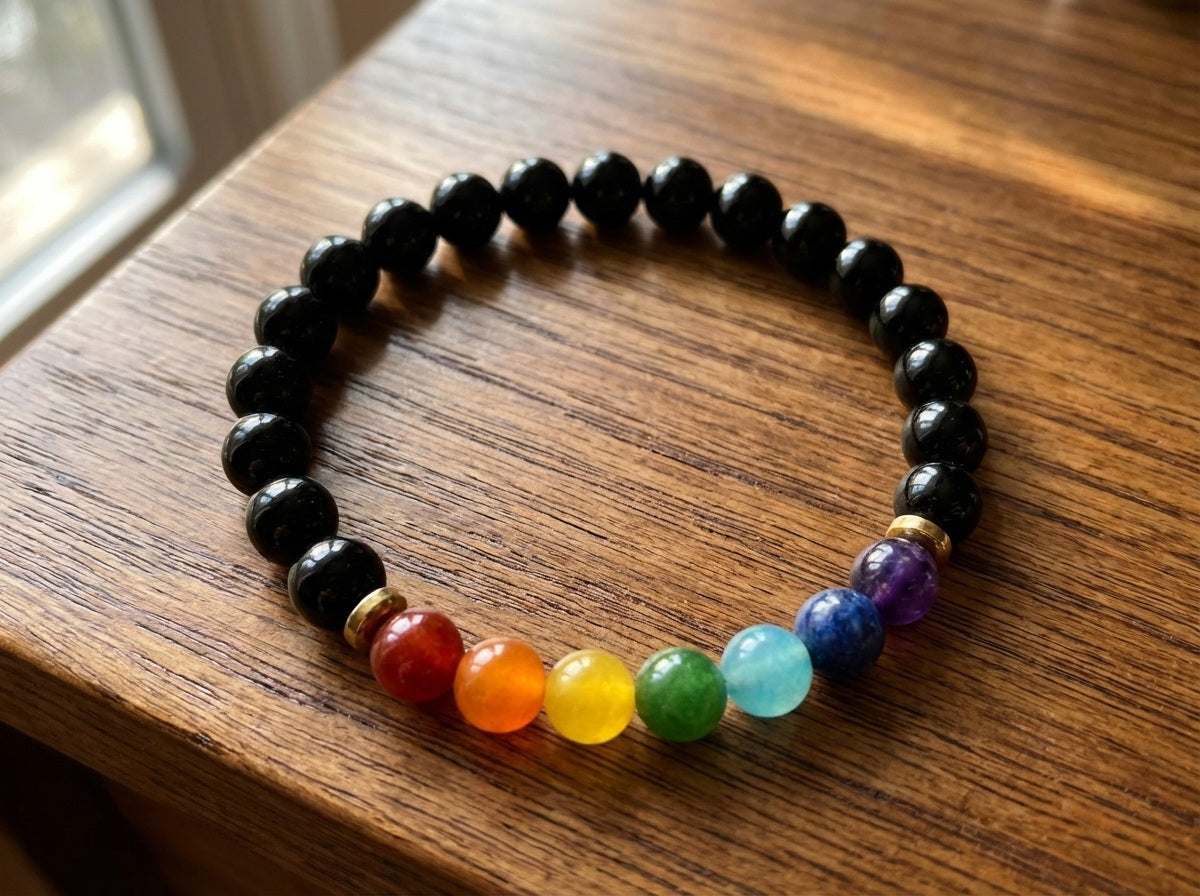 Black Onyx Healing Crystal 7 Chakra Rainbow Handmade Bracelet Artisan Jewelry Spiritual Yoga Gift Minimalist Boho Style