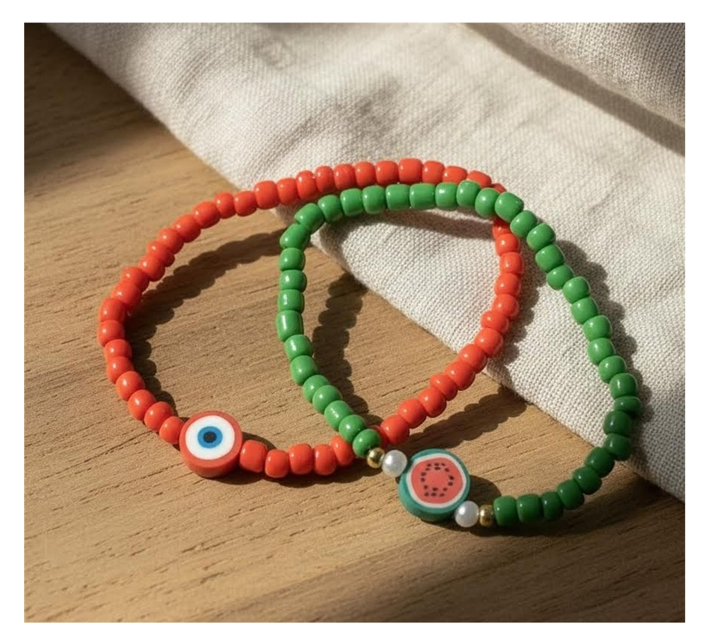 Handmade Red and Teal Green Beaded Bracelets with Candy-like and Watermelon Slice Charms, Teen Jewelry, Novelty Bracelet