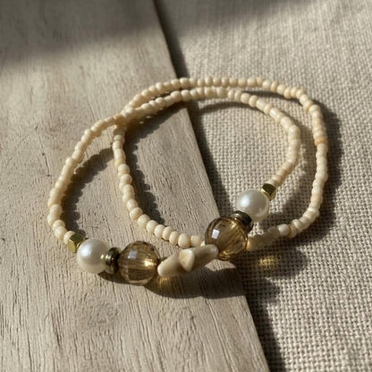 Neutral Tones Beaded Bracelet Set, Handmade Glass & Pearl Accent, Coastal Minimalist Boho Stackable Jewelry