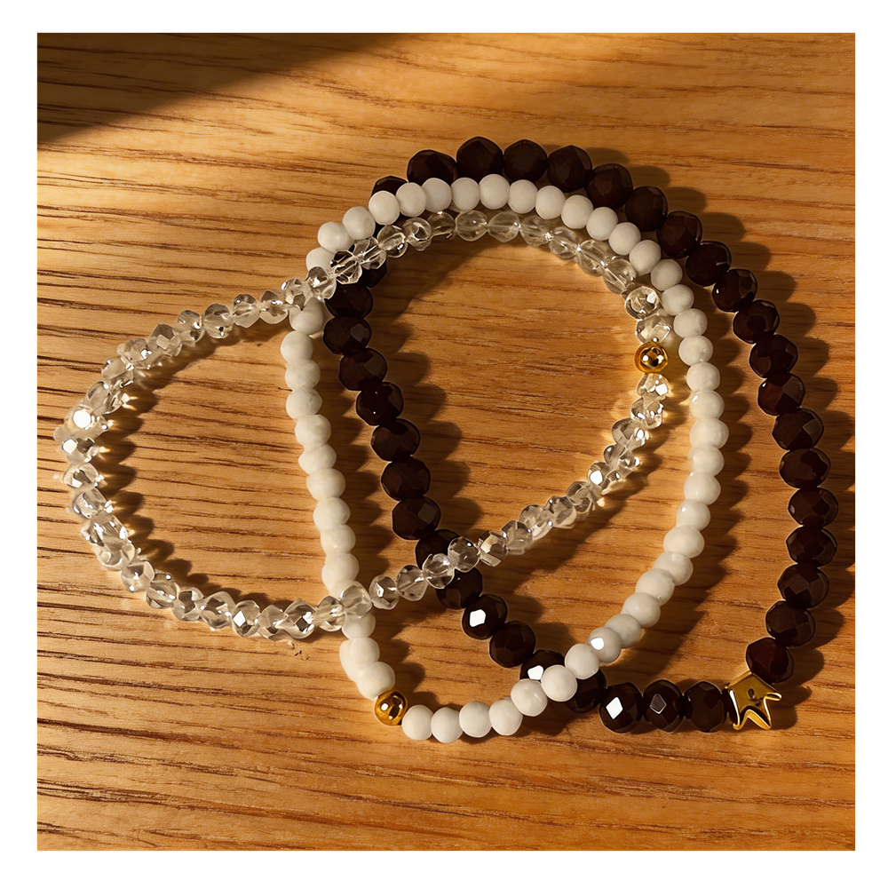 Handmade with Love Dark Brown, White, Clear Beaded Bracelet Set, Earthy Sparkle Stack