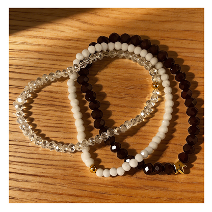Handmade with Love Dark Brown, White, Clear Beaded Bracelet Set, Earthy Sparkle Stack