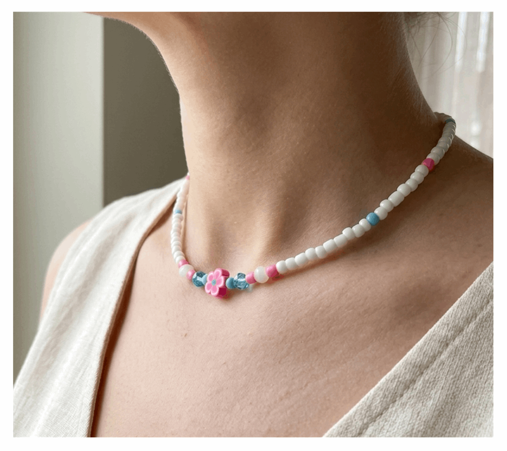 Handcrafted Pink Bloom Beaded Necklace, Metal-Plated Clasp w/ Extension Chain