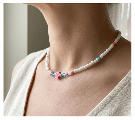 Handcrafted Pink Bloom Beaded Necklace, Metal-Plated Clasp w/ Extension Chain