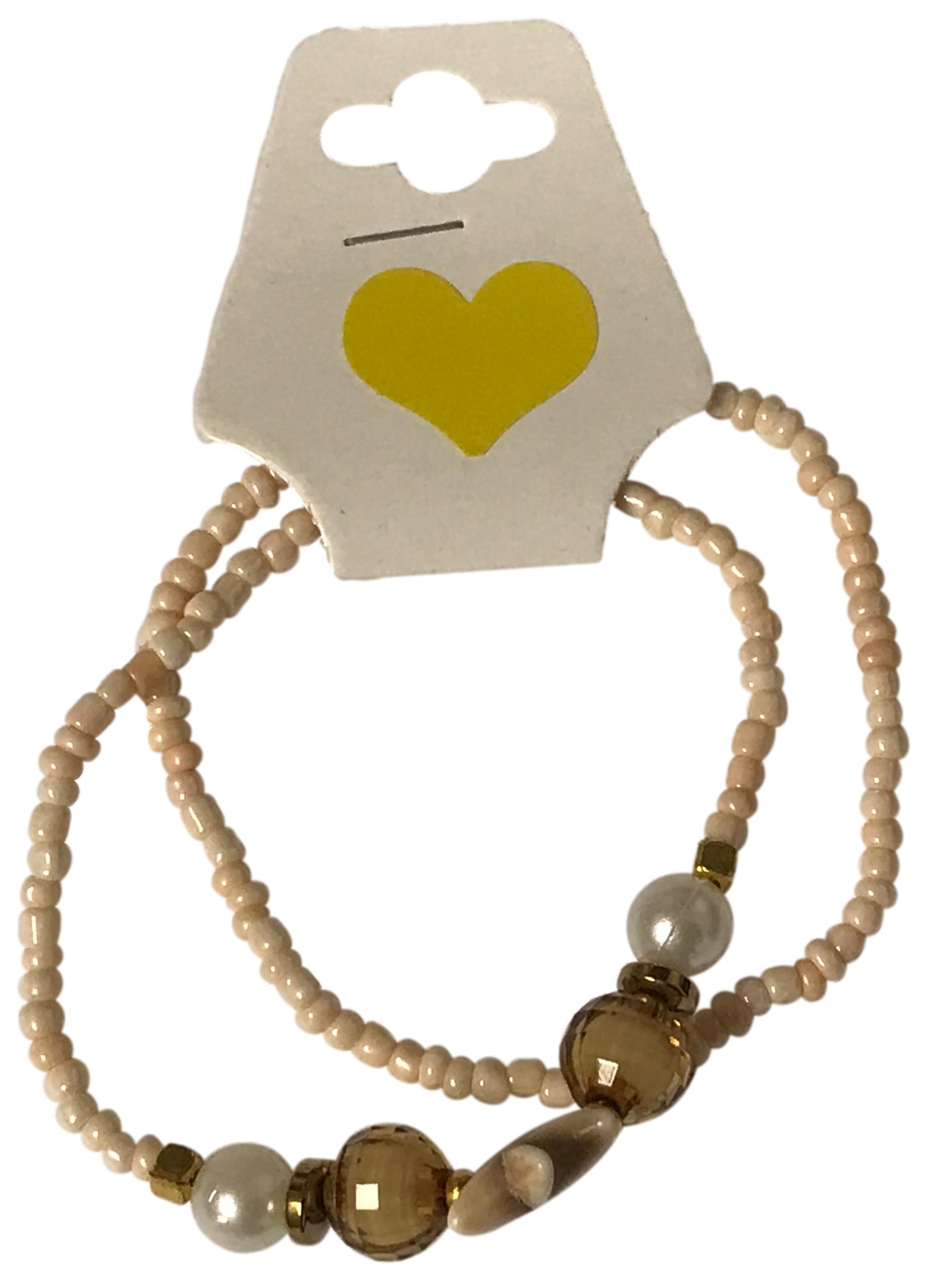 Set of beaded bracelets on a card with a heart design
