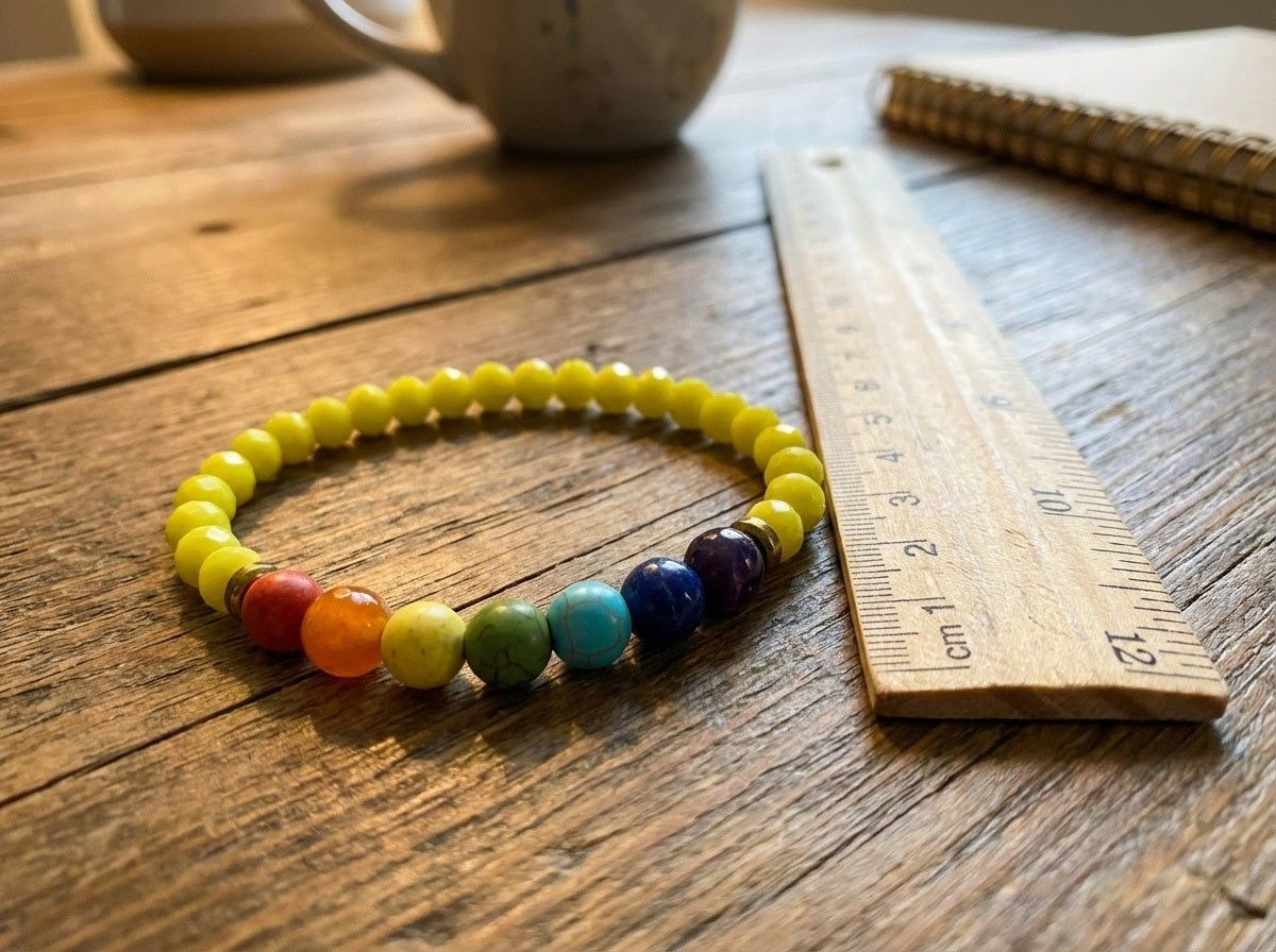 Colorful beaded bracelet on a wooden surface with a ruler for scale