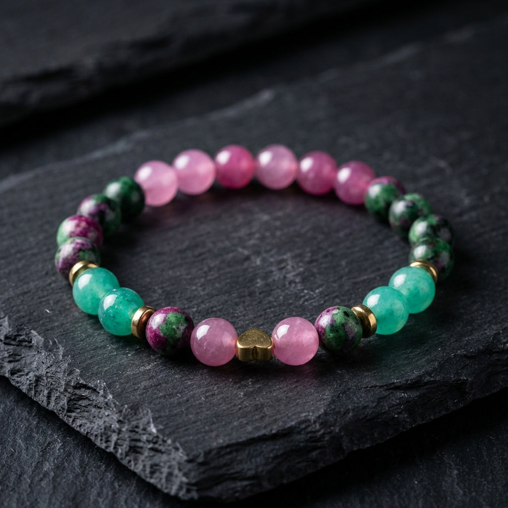 Handmade Ruby Zoisite, Green Aventurine, Pink Jade Beaded Bracelet with Heart Charm