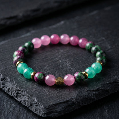 Handmade Ruby Zoisite, Green Aventurine, Pink Jade Beaded Bracelet with Heart Charm