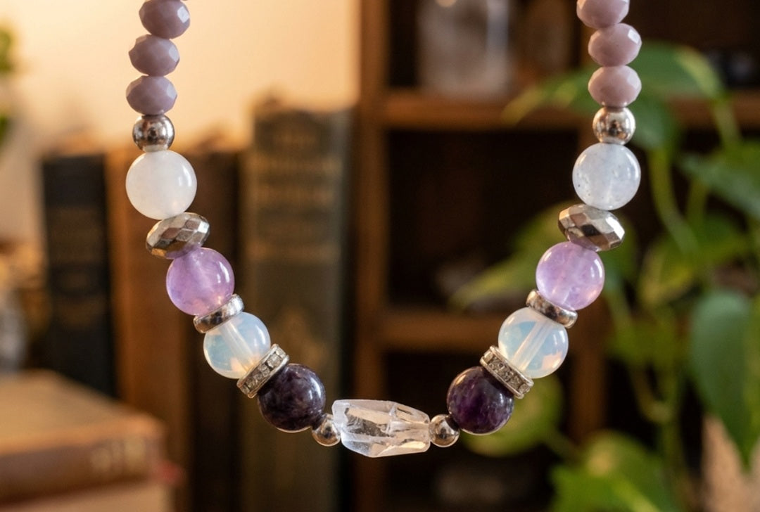 Handmade Amethyst & Opalite Healing Bracelet – Natural White Jade & Clear Quartz Beaded Jewelry for Peace, Balance, and Serenity