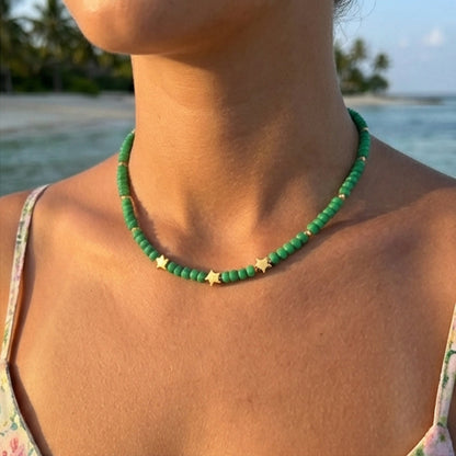 Handmade Green Seed Bead Necklace with Gold Star Charms, Dainty Celestial Jewelry