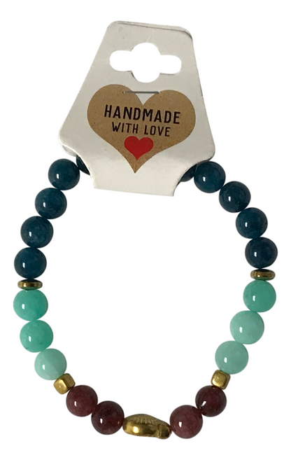 Teal Mint Beaded Bracelet, Burgundy Gold Accent, Boho Gemstone Stacking Jewelry