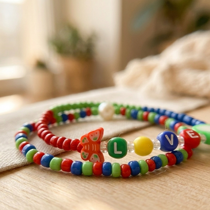 Handmade Rainbow Beaded Bracelet Set, Heart Charm & LOVE Letters, Pearl-Like Accent, Playful Boho Jewelry