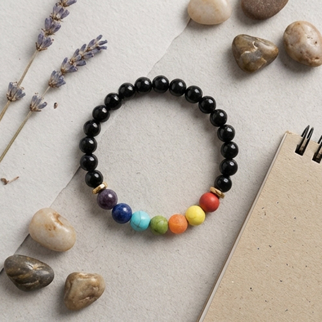 Black beaded bracelet with colorful beads on a light surface with stones and lavender.