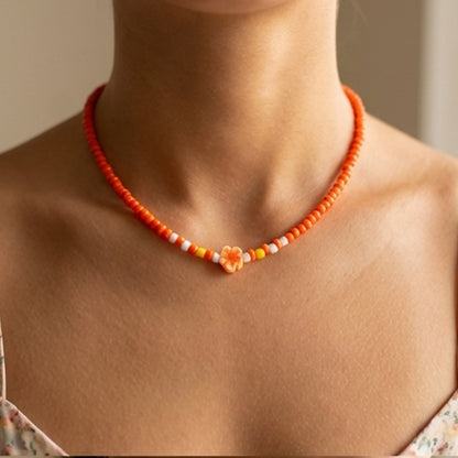 Orange Daisy Seed Bead Choker Necklace, Summer Y2K Jewelry, Metal Clasp Extension