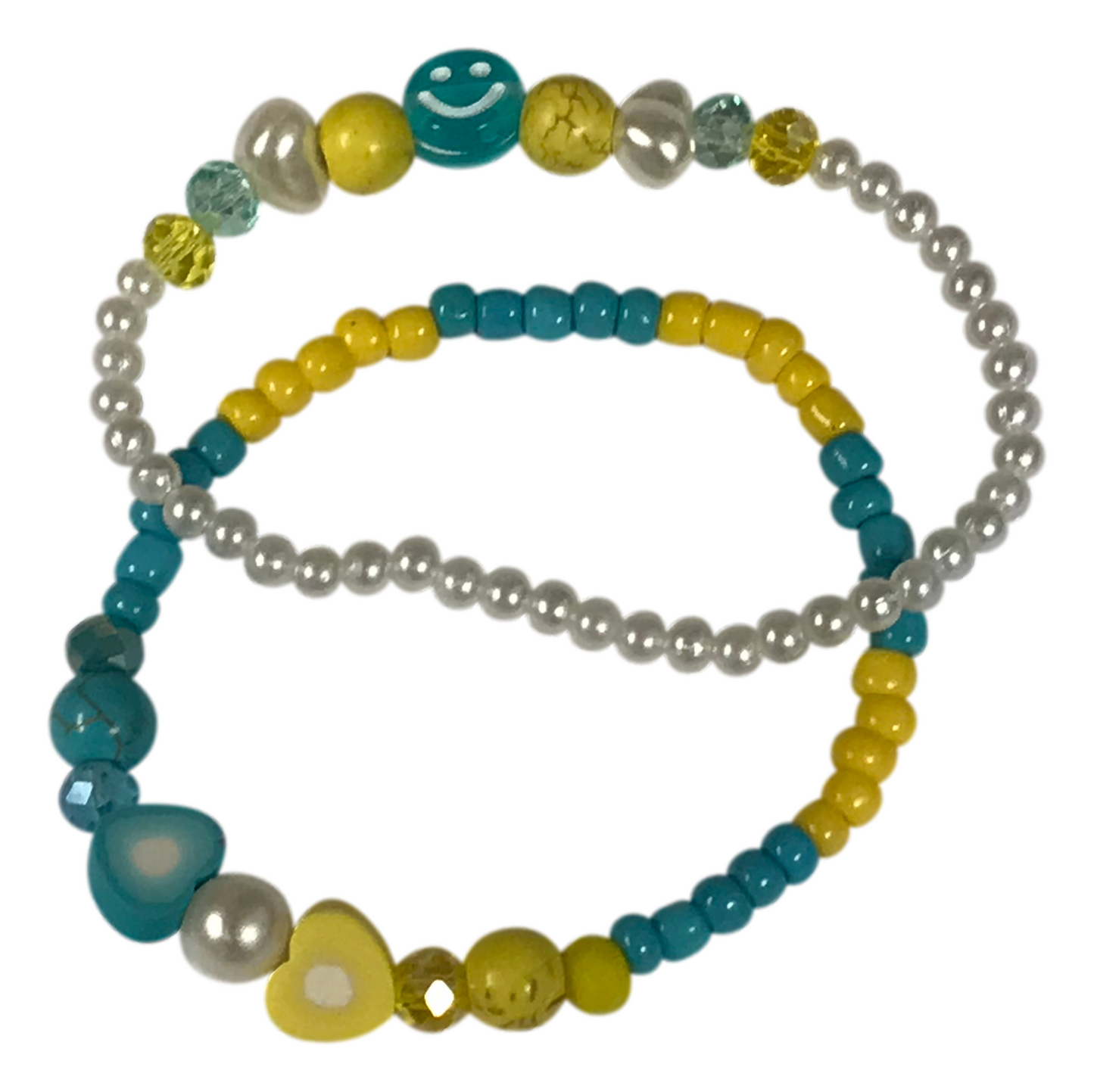 Blue Yellow Beaded Bracelet Set, Smiley Face Heart Bracelet, Colorful Friendship Jewelry, Faux Pearls Stackable Summer Gift