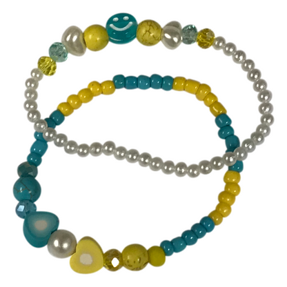 Blue Yellow Beaded Bracelet Set, Smiley Face Heart Bracelet, Colorful Friendship Jewelry, Faux Pearls Stackable Summer Gift