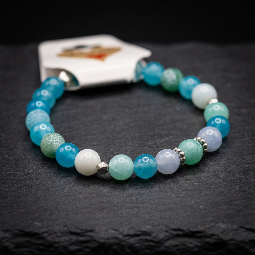 Handmade Blue Green Agate Gemstone Stretch Bracelet, Minimalist Boho Natural Stone