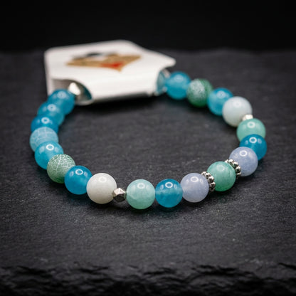 Handmade Blue Green Agate Gemstone Stretch Bracelet, Minimalist Boho Natural Stone