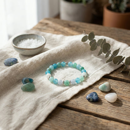 Handmade Blue Green Agate Gemstone Stretch Bracelet, Minimalist Boho Natural Stone