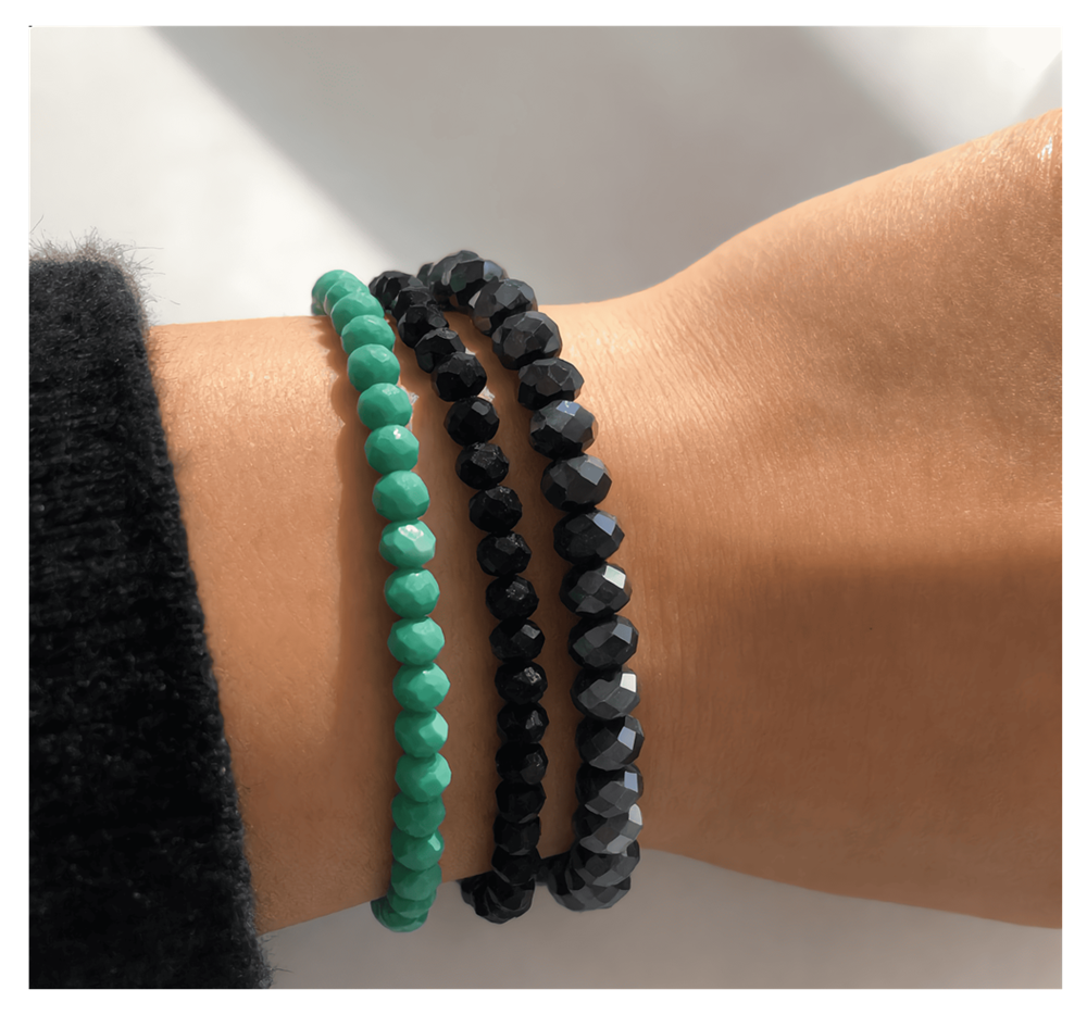 Handmade Black, Dark Grey, Mint Gren Beaded Bracelet, Midnight Ocean Stack