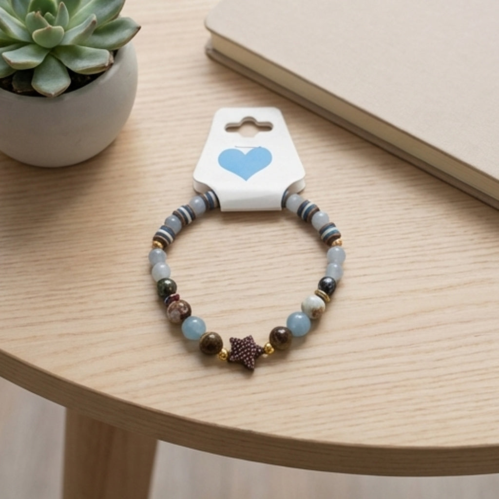 Aquamarine & Jasper Star Handmade Beaded Bracelet – Coastal Style Stretch Jewelry, Unique Stackable Gemstone Gift