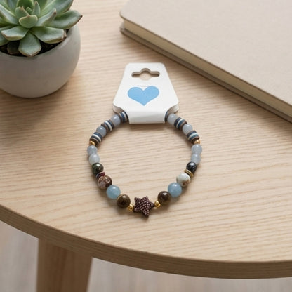 Aquamarine & Jasper Star Handmade Beaded Bracelet – Coastal Style Stretch Jewelry, Unique Stackable Gemstone Gift