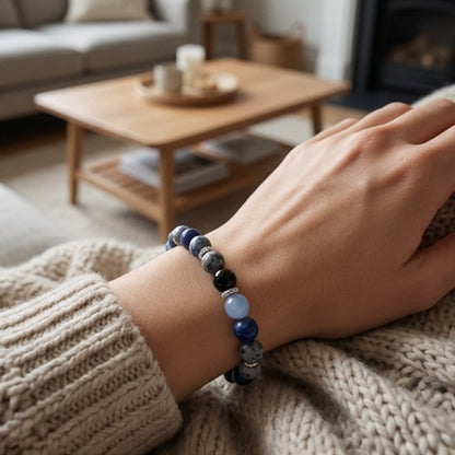 Handmade Blue Gemstone Beaded Bracelet, Navy Gray Silver Stackable Jewelry