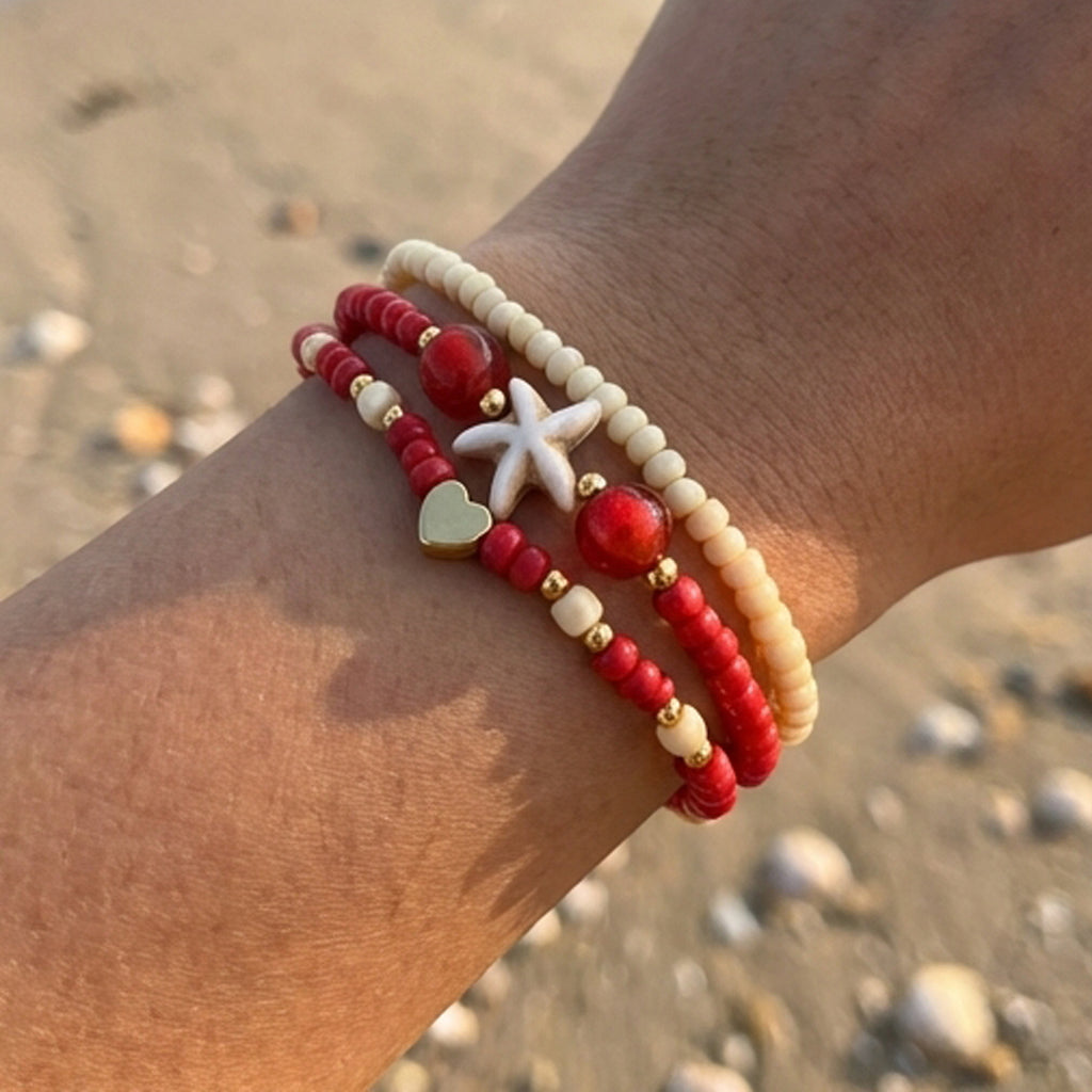 Handmade Red Cream Beaded Bracelet Set, Starfish and Heart Charm, Boho Ocean Jewelry