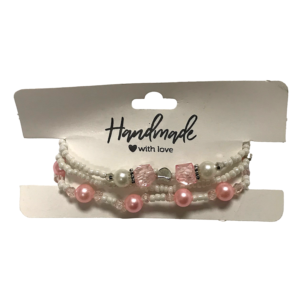 Handmade Pink White Pearl-Like Beaded Bracelet Set, Heart Charm, Boho Ocean Jewelry