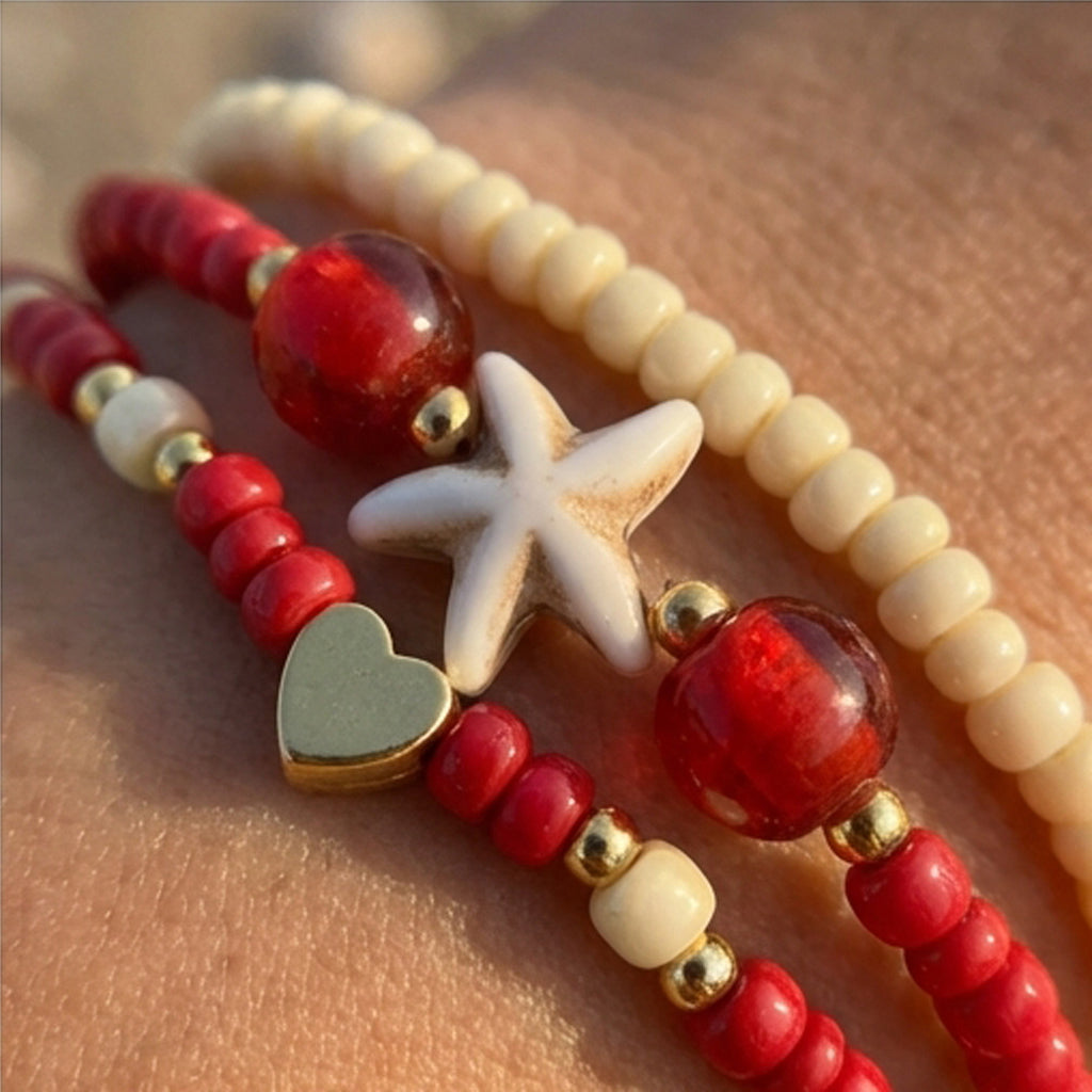 Handmade Red Cream Beaded Bracelet Set, Starfish and Heart Charm, Boho Ocean Jewelry