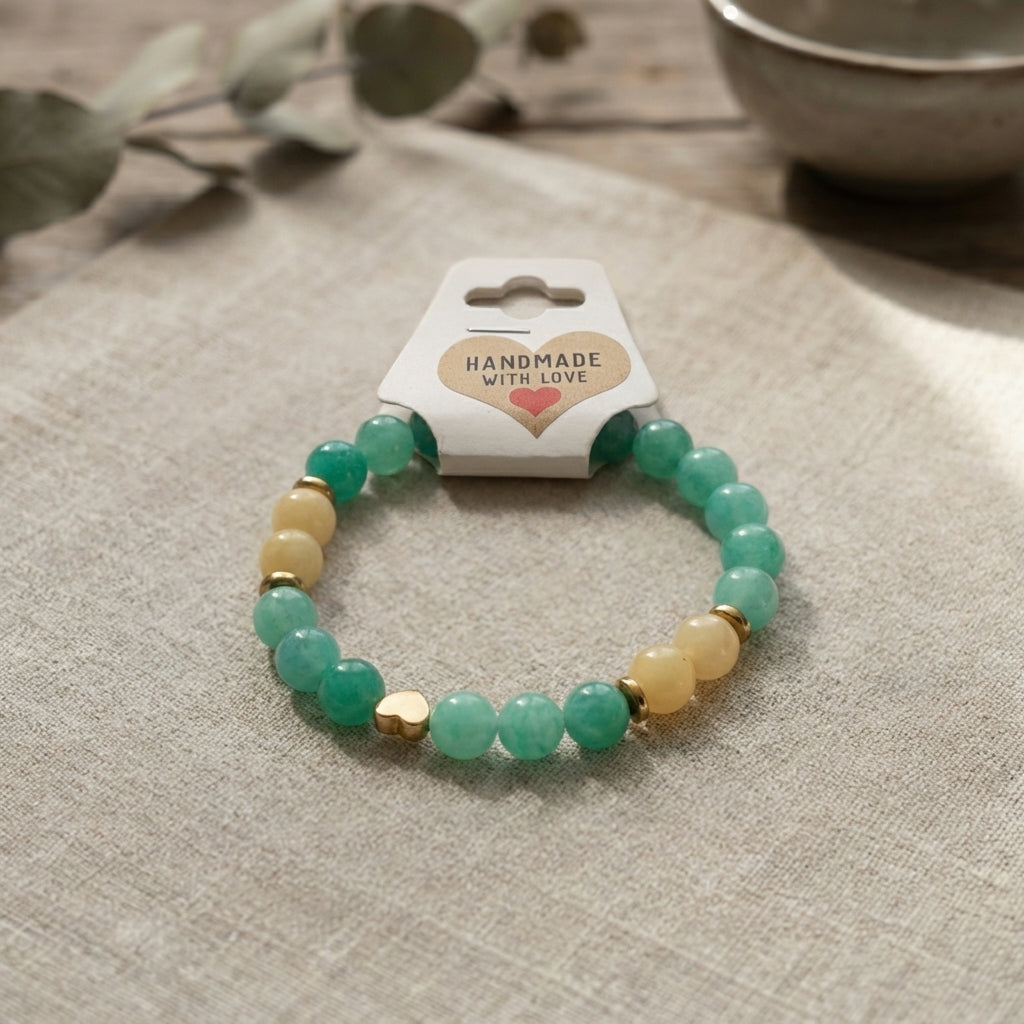 Teal Green Gemstone Beaded Bracelet, Gold Heart Charm, Boho Stackable Jewelry
